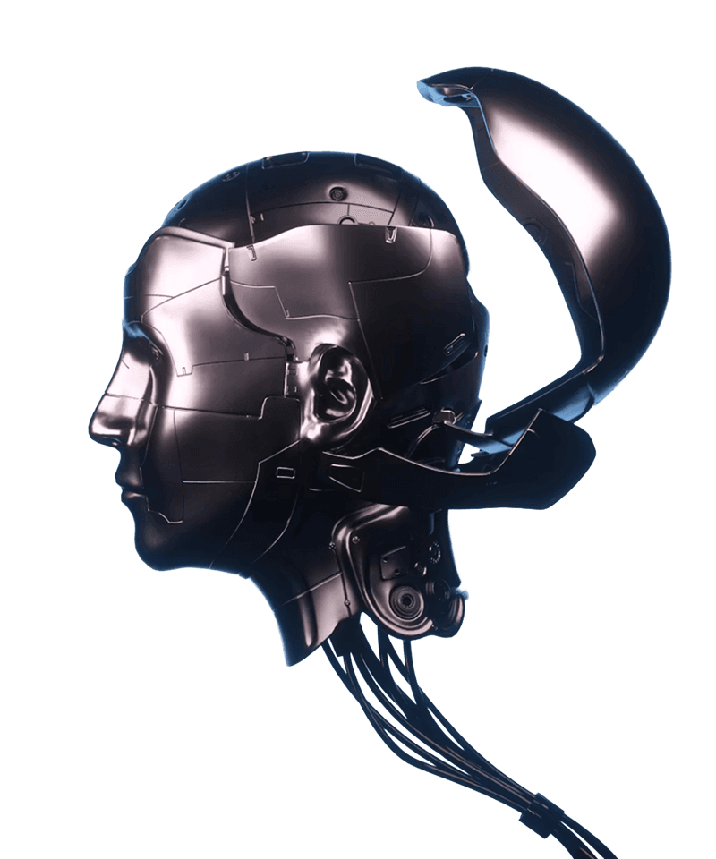 Robotic head rendered in dark metal, an illustration of applied artificial intelligence